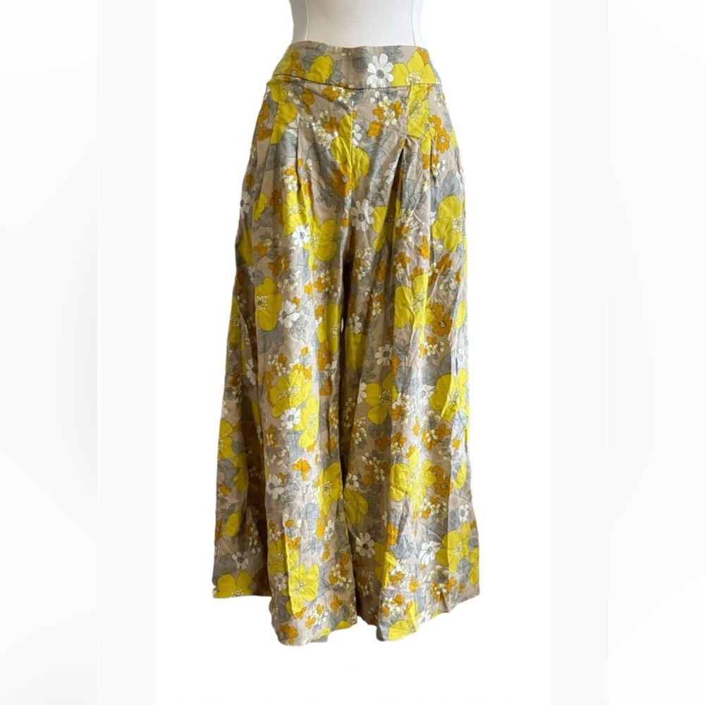 Veronica Beard Leonor Floral Wide Leg Pant Womens SZ 2 Crop Linen Blend Yellow